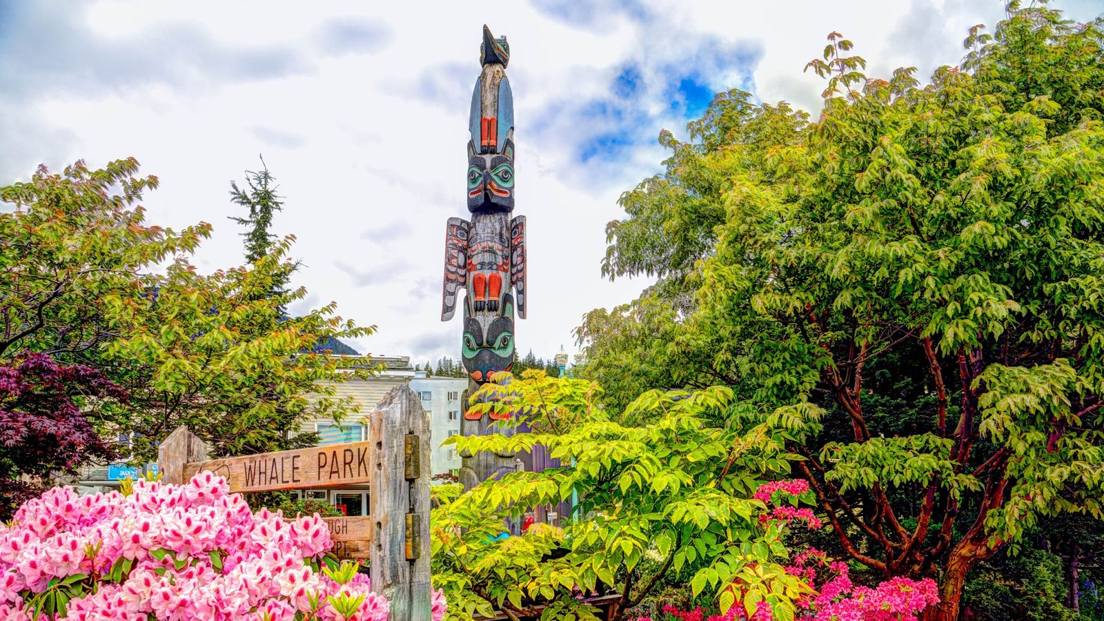 A totem pole surrounded by nature in Alaska