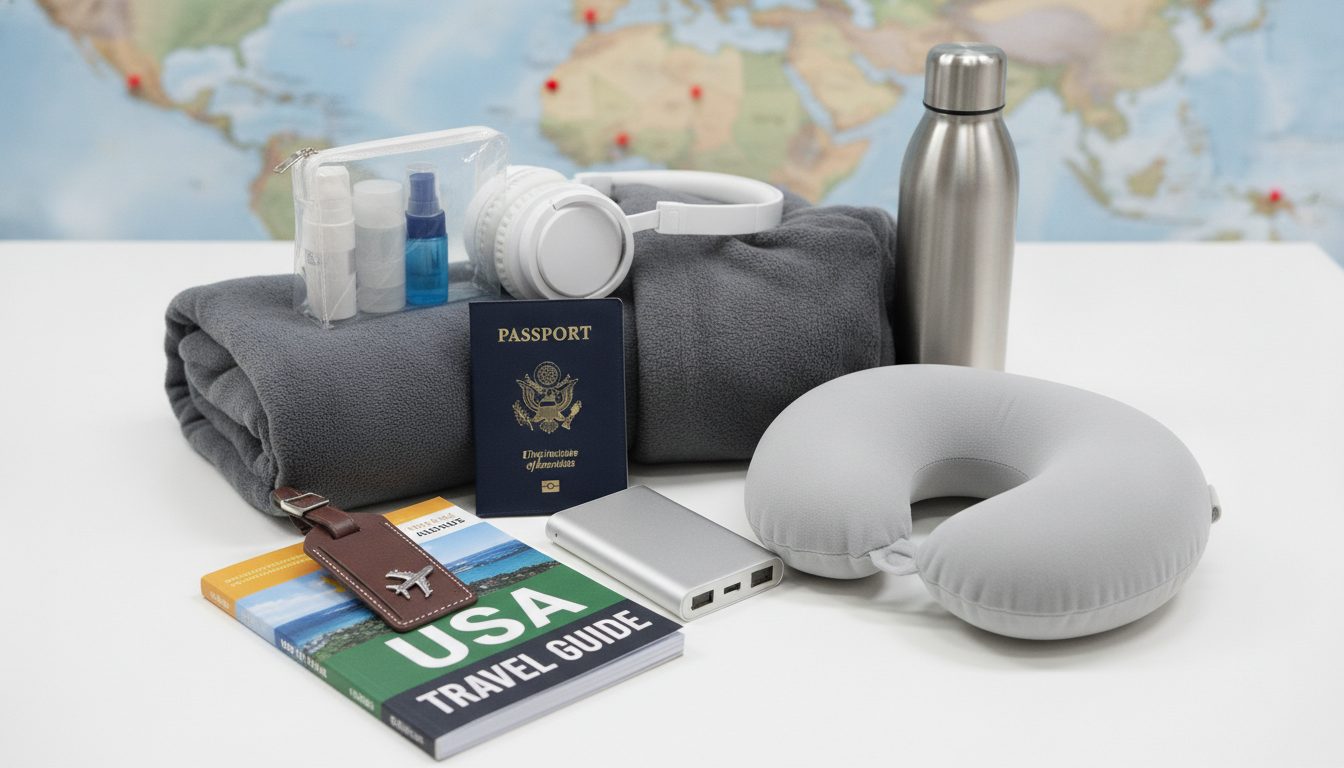 A beautifully arranged flat lay of essential travel accessories for US travelers, featuring a stylish passport holder, a compact travel-sized toiletry set, a multi-functional power bank, noise-cancelling headphones, and a portable travel pillow. The foreground includes a vibrant travel guidebook and a sleek luggage tag. In the middle, a plush travel blanket and a sleek water bottle add functionality and comfort. The background softly blurs a world map, suggesting exploration and adventure. The lighting is bright and inviting, creating an atmosphere of excitement and readiness for travel, with a slight overhead angle to showcase the accessories attractively. The overall mood is vibrant and relatable, appealing to aspiring travelers looking for practicality and style.