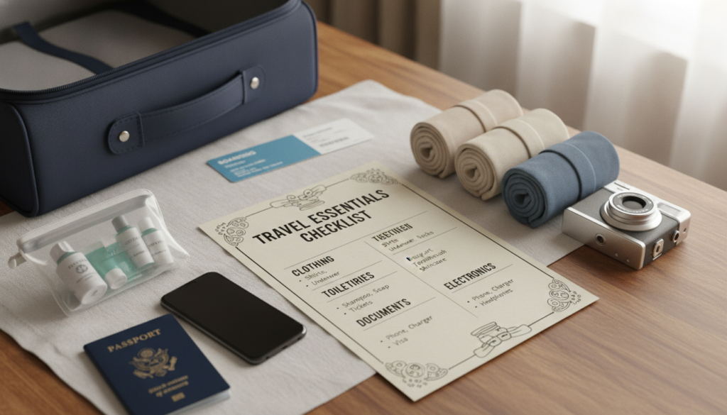 A beautifully organized travel essentials checklist displayed on a wooden table, covered with a soft white cloth. In the foreground, neatly arranged travel items such as a passport, a travel-sized toiletry set, rolled-up clothing, a smartphone, and a compact camera. The middle layer features an elegantly designed, illustrated checklist with bullet points, showing categories like clothing, toiletries, documents, and electronics, all presented in a minimalist style. In the background, a softly blurred travel suitcase and a boarding pass are visible, giving a sense of adventure. The lighting is warm and inviting, enhancing the mood of preparation and excitement for travel. The angle is slightly overhead to capture all elements clearly, creating an engaging and informative visual perfect for the section title.
