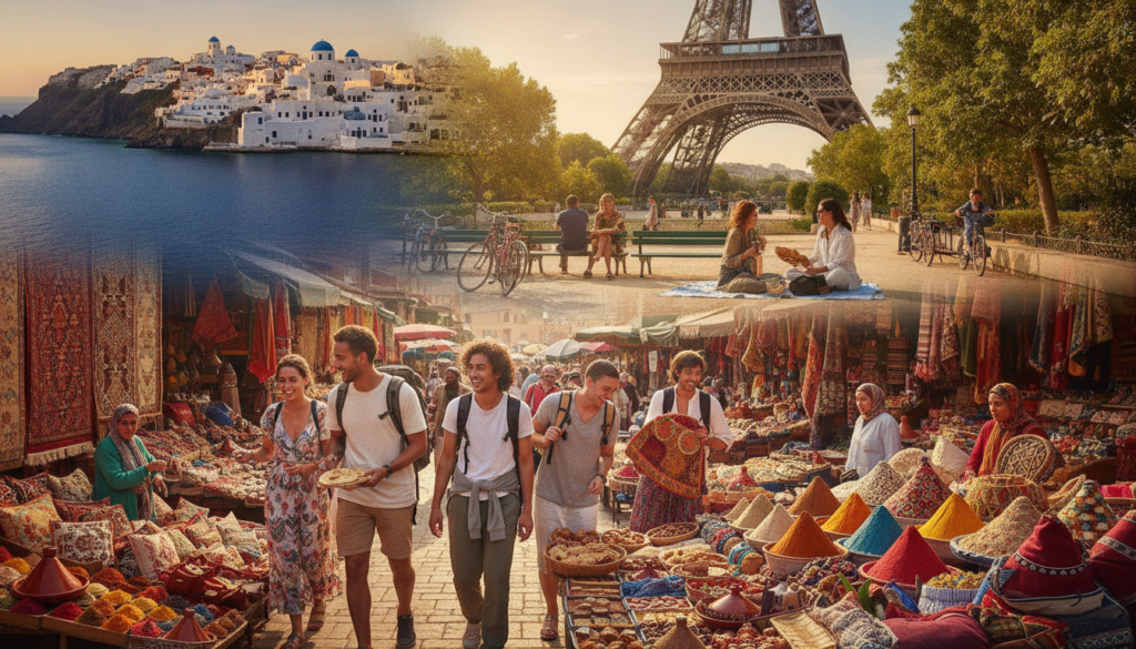 A breathtaking scene featuring iconic travel destinations for first-time international travelers. In the foreground, a vibrant street market in Marrakech with colorful textiles and spices, where diverse travelers sample exotic foods and engage with local artisans. The middle ground showcases the majestic Eiffel Tower peeking through lush greenery in Paris, with tourists enjoying a picnic. In the background, the serene waters of Santorini with whitewashed buildings and blue domes under a golden sunset, evoking a warm, inviting atmosphere. Soft, ambient lighting creates a leisurely mood, while the angle captures the essence of adventure and cultural exploration. The overall composition illustrates the excitement and beauty of new experiences in foreign lands.
