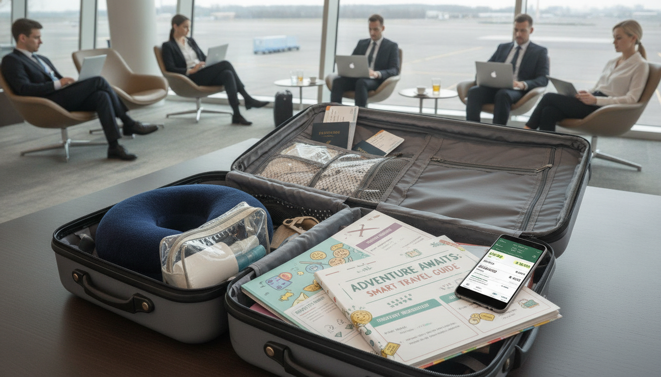 A dynamic composition showcasing essential travel hacks that save time and money. In the foreground, an open suitcase filled with neatly packed travel essentials: a rolled-up neck pillow, a travel-sized toiletry kit, and a compact organizer filled with travel documents. In the middle ground, a vibrant travel planner is spread open, highlighting budgeting tips and itineraries. A smartphone displays a flight comparison app. The background features a bright airport lounge with travelers in professional business attire, waiting comfortably. Soft, natural lighting bathes the scene, enhancing a sense of relaxation and efficiency, while providing a welcoming, productive atmosphere. Capture the angle from slightly above to emphasize organization and practicality.