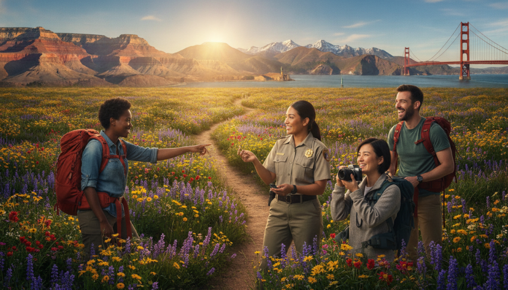 A dynamic scene depicting exciting adventures in the U.S., featuring a diverse group of travelers in professional, modest attire exploring stunning landscapes. In the foreground, a cheerful group of four people, including a Black woman, a Hispanic man, an Asian woman, and a Caucasian man, engaging with a local guide in a national park, surrounded by vibrant wildflowers. In the middle ground, majestic mountains rise under a clear blue sky, with a winding trail leading deeper into the wilderness. The background showcases iconic U.S. landmarks like the Grand Canyon and the Golden Gate Bridge. The lighting is warm and inviting, capturing the golden hour glow, evoking a sense of adventure and discovery. The atmosphere is filled with excitement and camaraderie, perfect for first-time travelers.