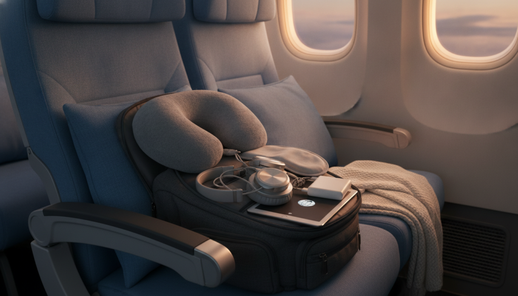 A neatly arranged travel scene showcasing essential items for long flights. In the foreground, a stylish and compact travel backpack is open, revealing neatly packed gadgets like noise-canceling headphones, a portable power bank, a travel pillow, and a sleek tablet. In the middle ground, a cozy airplane seat with plush cushions and a soft blanket adds a touch of comfort. In the background, the soft glow of cabin lights reflects off the airplane windows, hinting at the sky outside. The atmosphere conveys a sense of relaxation and anticipation for a long journey. Use warm, inviting lighting to enhance the comfort and intimacy of the scene, captured from a slightly elevated angle to provide a comprehensive view of the items.