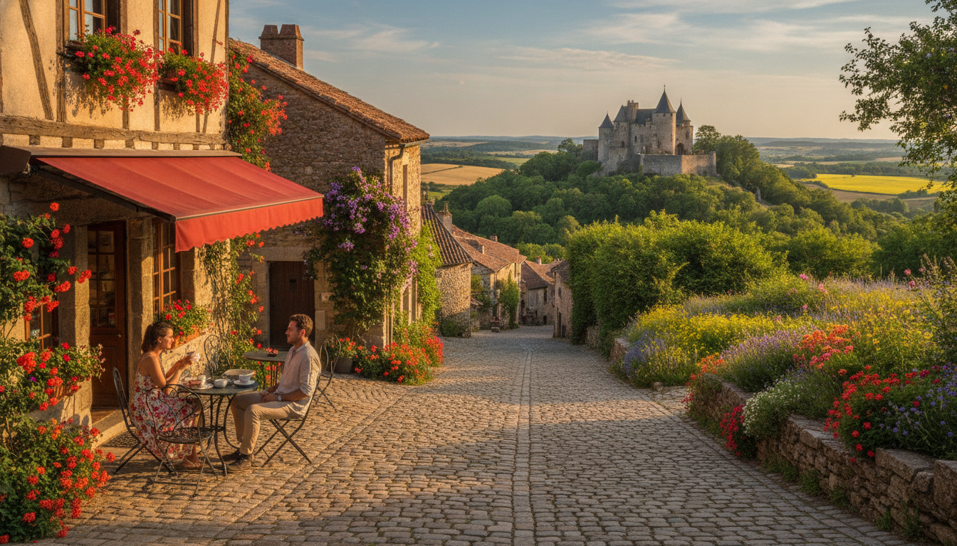 A picturesque scene showcasing hidden gems of Europe, featuring a quaint cobblestone street lined with charming historic buildings adorned with vibrant flowers. In the foreground, a small café with outdoor seating invites visitors to relax, while a couple of travelers in modest casual clothing chat over coffee. The middle ground reveals a stunning medieval castle nestled on a hillside, surrounded by lush greenery and colorful wildflowers. In the background, rolling hills fade into a soft blue sky with wispy clouds, evoking a sense of peaceful adventure. The warm, golden hour lighting casts a soft glow, enhancing the enchanting atmosphere. Capture this scene from a slightly elevated angle to provide depth and highlight the beauty of these hidden treasures, creating an inviting and inspiring mood for an unforgettable trip.