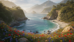 A serene hidden cove with crystal-clear turquoise waters gently lapping against smooth, sun-kissed rocks. In the foreground, vibrant wildflowers bloom, their colors contrasting against the earthy tones of the landscape. The middle ground features a rugged, unspoiled sandy beach, framed by lush greenery and towering cliffs that are blanketed in rich foliage. The background captures a breathtaking view of misty mountains under a soft golden hour light, casting a warm glow across the scene. The mood is tranquil and inviting, evoking a sense of exploration and wonder. Use a wide-angle lens to emphasize the expansive beauty of this secluded destination, enhancing the depth with soft, diffused lighting that creates a magical atmosphere.