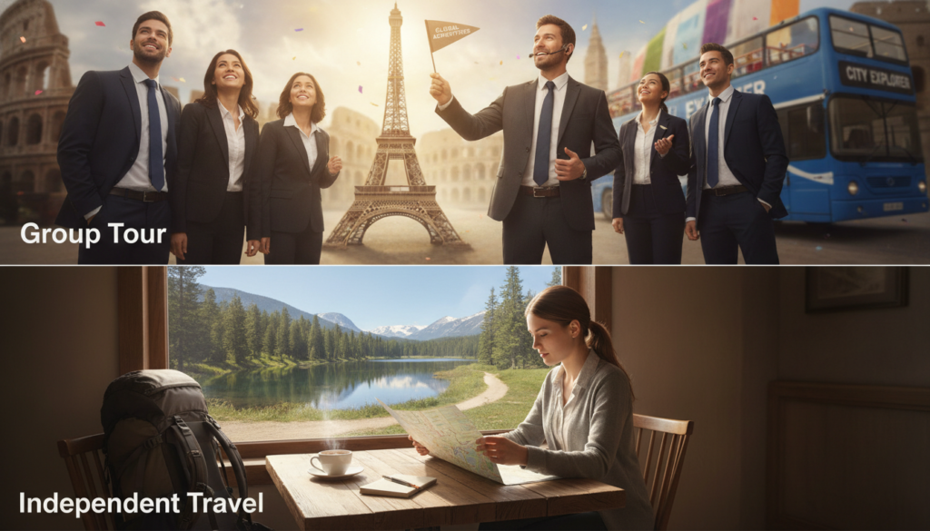 A split scene illustrating "Group Tour vs Independent Travel". In the foreground, show a diverse group of travelers, dressed in professional business attire, enjoying a guided tour with a cheerful tour guide pointing to an iconic landmark, surrounded by vibrant tourist attractions. In the middle, depict an independent traveler with a backpack, studying a map in a quaint café, embodying the essence of solo exploration. The background should include contrasting environments: on one side, bustling city life with a large sightseeing bus, and on the other, a serene nature landscape, indicating freedom and solitude. Utilize warm and inviting lighting, with a slight lens blur effect to enhance the focus on the travelers, conveying a friendly, adventurous atmosphere.