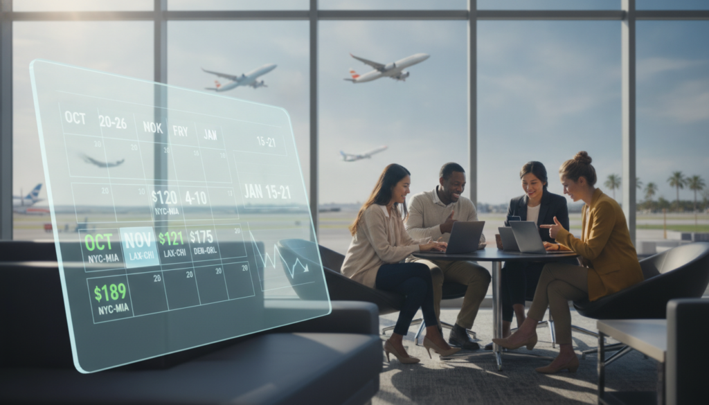 A striking visual representation of the best time to book flights in the US for the lowest fares. In the foreground, include a stylish digital calendar marked with ideal booking dates and affordable fare prices. The middle should feature a diverse group of travelers dressed in smart casual attire, engaging with laptops and smartphones, looking excited and focused. In the background, a bright, modern airport interior with large windows reveals a sunny day outside, with planes taking off. Soft, natural lighting enhances the scene, creating an optimistic and enlightening atmosphere. Capture this from a slightly elevated angle, emphasizing the key details while maintaining a professional and inviting vibe throughout the image.