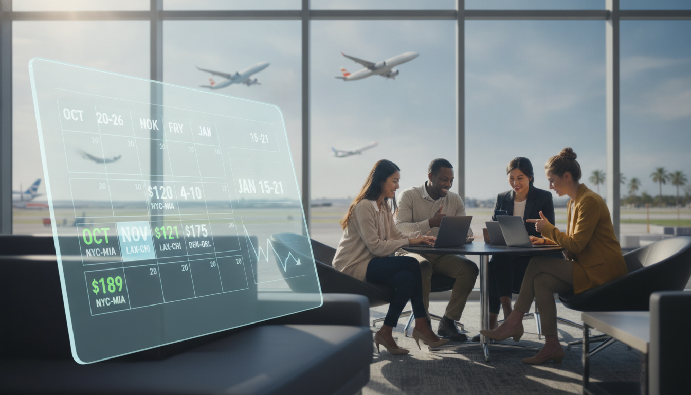 A striking visual representation of the best time to book flights in the US for the lowest fares. In the foreground, include a stylish digital calendar marked with ideal booking dates and affordable fare prices. The middle should feature a diverse group of travelers dressed in smart casual attire, engaging with laptops and smartphones, looking excited and focused. In the background, a bright, modern airport interior with large windows reveals a sunny day outside, with planes taking off. Soft, natural lighting enhances the scene, creating an optimistic and enlightening atmosphere. Capture this from a slightly elevated angle, emphasizing the key details while maintaining a professional and inviting vibe throughout the image.