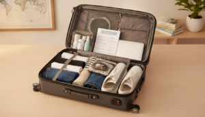 A tidy and organized carry-on suitcase open on a wooden table, showcasing efficient packing techniques. The foreground features neatly rolled clothes, a travel toiletry bag, a pair of shoes, and a compact laptop, all arranged to maximize space. In the middle, an illustrated packing list and a small pouch for accessories hint at smart packing strategies. The background is softly blurred with a minimalist travel-themed décor, including a world map and travel books, creating an inviting atmosphere. The lighting is warm and natural, suggesting morning sun streaming in, with a slight tilt from a bird's eye perspective to emphasize the organized layout. The mood is practical yet inspiring, evoking a sense of wanderlust and efficiency.