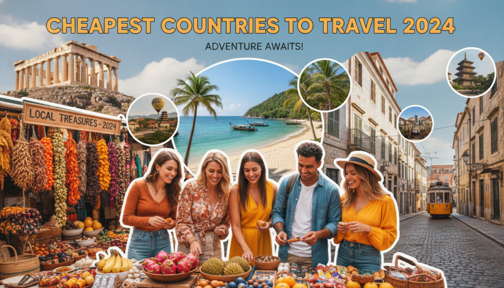 A vibrant and inviting travel collage showcasing the cheapest countries to visit in 2024. In the foreground, a diverse group of travelers in professional casual attire are enjoying a local market, with colorful stalls filled with exotic foods and handmade crafts. In the middle ground, iconic landmarks from budget-friendly destinations—such as the ancient ruins of Greece, stunning beaches of Thailand, and picturesque streets of Portugal—are artfully arranged to create an enticing scenery. The background features a bright blue sky with fluffy clouds, hinting at warm and welcoming weather. Soft, natural lighting casts a cheerful and adventurous mood over the scene, encouraging exploration. The angle is slightly elevated, giving a panoramic view that draws the viewer into this vibrant world of affordable travel.