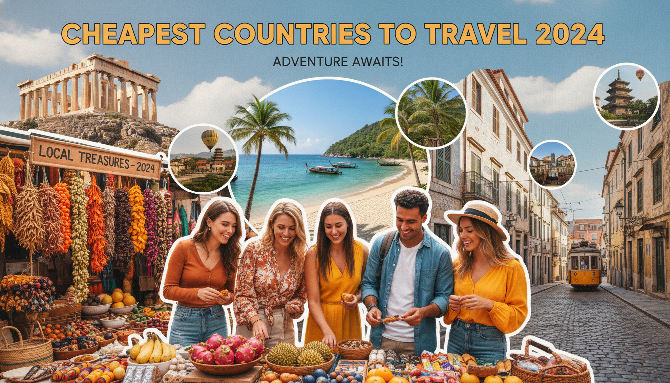 A vibrant and inviting travel collage showcasing the cheapest countries to visit in 2024. In the foreground, a diverse group of travelers in professional casual attire are enjoying a local market, with colorful stalls filled with exotic foods and handmade crafts. In the middle ground, iconic landmarks from budget-friendly destinations—such as the ancient ruins of Greece, stunning beaches of Thailand, and picturesque streets of Portugal—are artfully arranged to create an enticing scenery. The background features a bright blue sky with fluffy clouds, hinting at warm and welcoming weather. Soft, natural lighting casts a cheerful and adventurous mood over the scene, encouraging exploration. The angle is slightly elevated, giving a panoramic view that draws the viewer into this vibrant world of affordable travel.