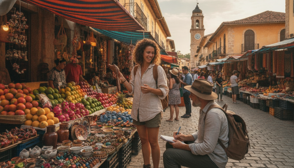 A vibrant budget travel guide scene showcasing a diverse group of travelers exploring a bustling local market. In the foreground, a cheerful young woman in casual attire excitedly examines handmade crafts, while a man with a backpack takes notes in a travel journal. In the middle ground, colorful market stalls display fresh produce and unique souvenirs, adding character and warmth to the scene. The background features picturesque buildings, hinting at a rich culture and history. The sunlight filters through awnings, casting welcoming shadows and creating a lively atmosphere. The image is captured at a slight angle to emphasize the interaction between people and their surroundings, invoking a sense of adventure and discovery on a budget.