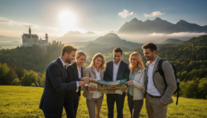 A vibrant group tour travel experience scene set in a picturesque landscape. In the foreground, a diverse group of six travelers, dressed in professional business attire and modest casual clothing, engage enthusiastically in conversation while looking at a travel brochure. The middle ground features a scenic view with iconic landmarks in the distance, such as a historic castle or a stunning mountain range. Soft, warm lighting illuminates the scene, giving it a welcoming atmosphere. The background is filled with lush greenery and clear blue skies, enhancing the sense of adventure. The perspective captures a slight upward angle, emphasizing the awe of exploration. The overall mood is lively and collaborative, embodying the joy of discovering new places together.