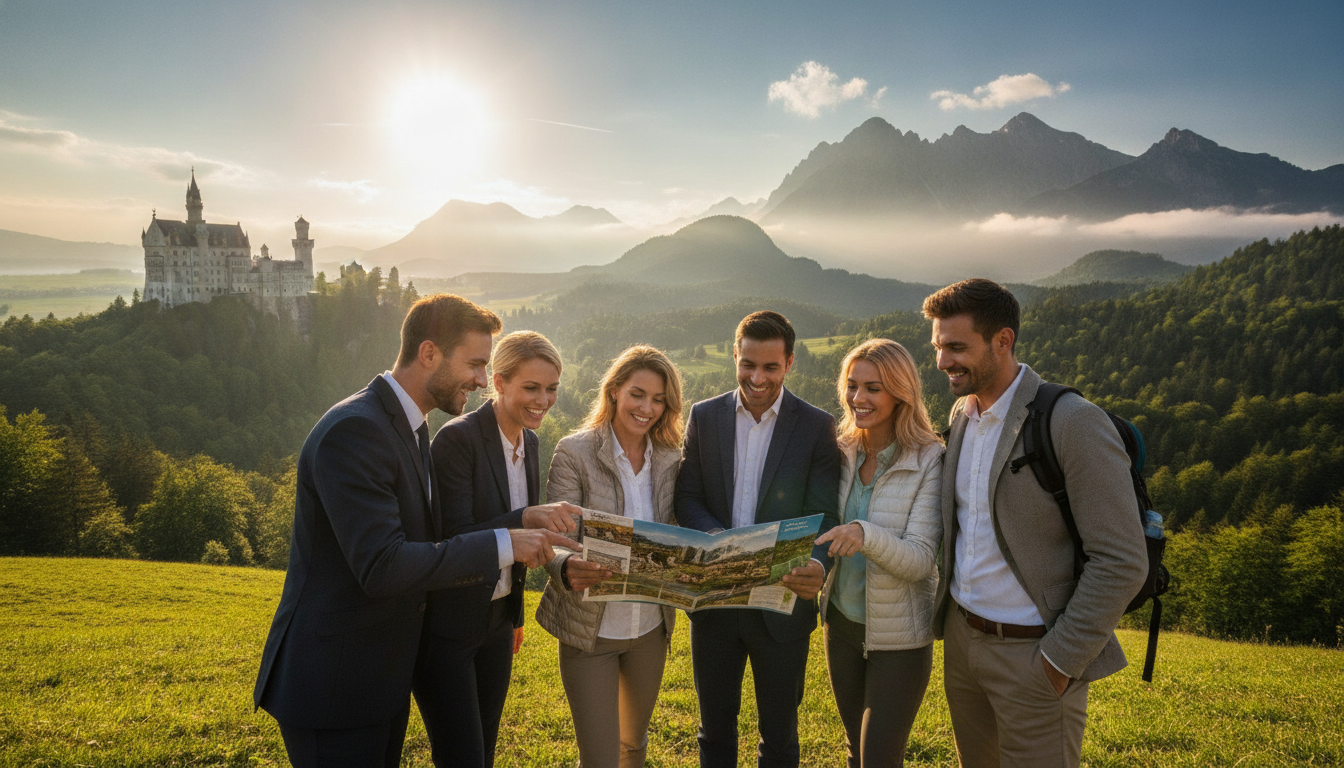 A vibrant group tour travel experience scene set in a picturesque landscape. In the foreground, a diverse group of six travelers, dressed in professional business attire and modest casual clothing, engage enthusiastically in conversation while looking at a travel brochure. The middle ground features a scenic view with iconic landmarks in the distance, such as a historic castle or a stunning mountain range. Soft, warm lighting illuminates the scene, giving it a welcoming atmosphere. The background is filled with lush greenery and clear blue skies, enhancing the sense of adventure. The perspective captures a slight upward angle, emphasizing the awe of exploration. The overall mood is lively and collaborative, embodying the joy of discovering new places together.