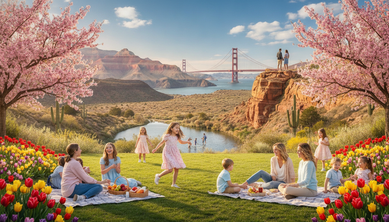 A vibrant spring scene showcasing popular travel destinations in the US. In the foreground, a picturesque park filled with blooming cherry blossoms and colorful tulips, highlighting families having a picnic on a sunny day, dressed in modest casual clothing. The middle ground features iconic landscapes like the Grand Canyon, with children playing near a gentle river and a couple admiring the view. In the background, famous landmarks like the Golden Gate Bridge peeking through a clear blue sky with fluffy white clouds. The scene is illuminated by soft, warm sunlight, creating an inviting and cheerful atmosphere, captured with a slightly wide-angle lens to encompass the beauty and vibrancy of spring travel.