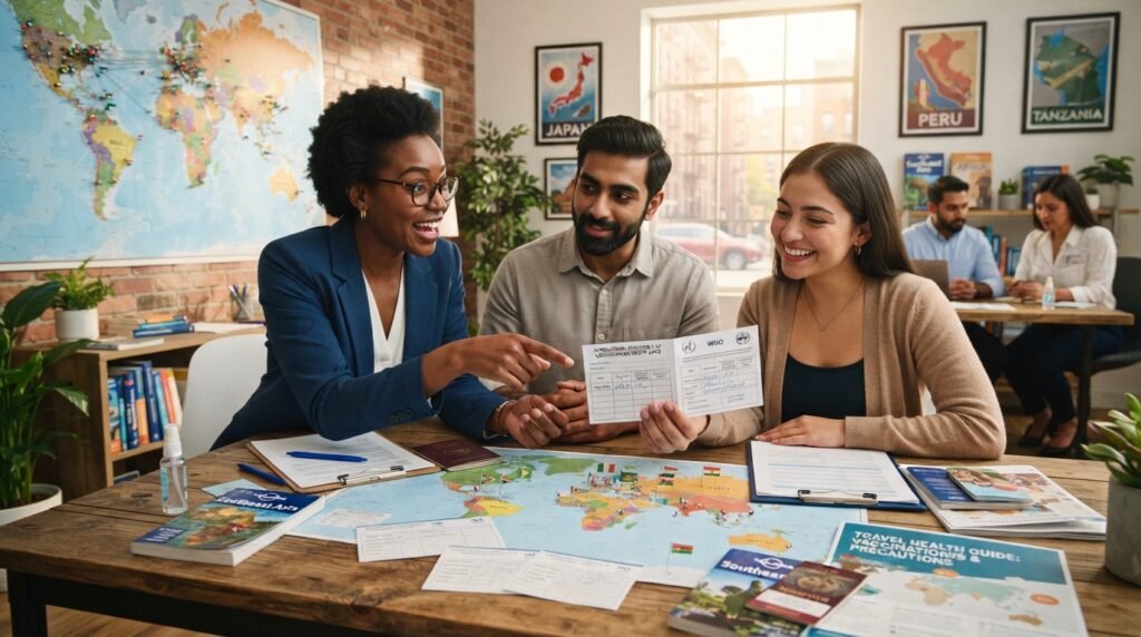 A highly informative scene depicting travel vaccination requirements for a trip. In the foreground, a diverse group of three professionals, dressed in smart casual attire, gather around a table filled with vaccination cards, maps, and travel brochures. Their expressions reflect curiosity and determination as they discuss their upcoming travels. The middle ground features a world map pinned with colorful markers indicating various countries, hinting at vaccination requirements. The background presents a bright and airy travel agency office with travel posters on the walls and a large window letting sunlight stream in, creating a warm and inviting atmosphere. The composition emphasizes connectivity and preparation for safe international travel, with a focus on the importance of vaccinations.