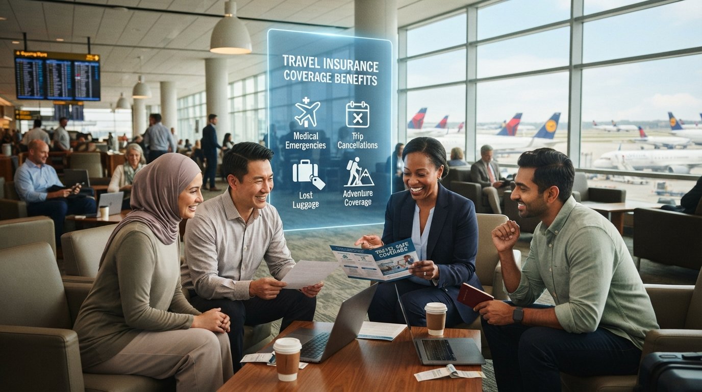 A vibrant, informative scene depicting "Travel Insurance Coverage Benefits." In the foreground, a diverse group of travelers, dressed in professional business attire and modest casual clothing, are examining travel documents and brochures in an airport lounge. Their expressions convey relief and confidence. The middle ground features a large, transparent screen displaying icons representing various travel insurance benefits: medical emergencies, trip cancellations, lost luggage, and adventure coverage. The background shows a bustling airport atmosphere with travelers and airplanes, bathed in natural light streaming through large windows. The mood is optimistic and reassuring, illustrating the peace of mind that travel insurance provides. Use a slightly blurred perspective for depth, with soft, warm lighting to create a welcoming atmosphere.