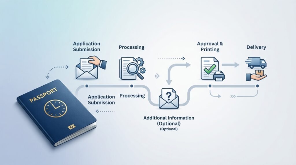 A visually engaging and informative overview of a passport renewal timeline. In the foreground, a detailed illustration of a passport with a clock symbol, depicting various stages such as application submission, processing, and delivery. The middle ground features icons representing different steps like filling out forms and attending appointments, arranged along a flowing timeline path, suggesting movement and progression. The background presents a subtle gradient from blue to white, evoking a professional atmosphere, with soft lighting highlighting the elements. Capture the scene from a top-down view to emphasize the timeline’s flow, ensuring to maintain a clean, organized layout without any text or distractions. The overall mood should be informative yet approachable, suitable for readers seeking clarity on the passport renewal process.