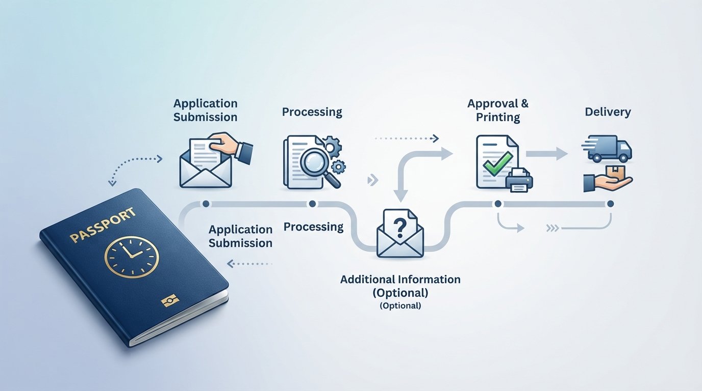A visually engaging and informative overview of a passport renewal timeline. In the foreground, a detailed illustration of a passport with a clock symbol, depicting various stages such as application submission, processing, and delivery. The middle ground features icons representing different steps like filling out forms and attending appointments, arranged along a flowing timeline path, suggesting movement and progression. The background presents a subtle gradient from blue to white, evoking a professional atmosphere, with soft lighting highlighting the elements. Capture the scene from a top-down view to emphasize the timeline’s flow, ensuring to maintain a clean, organized layout without any text or distractions. The overall mood should be informative yet approachable, suitable for readers seeking clarity on the passport renewal process.