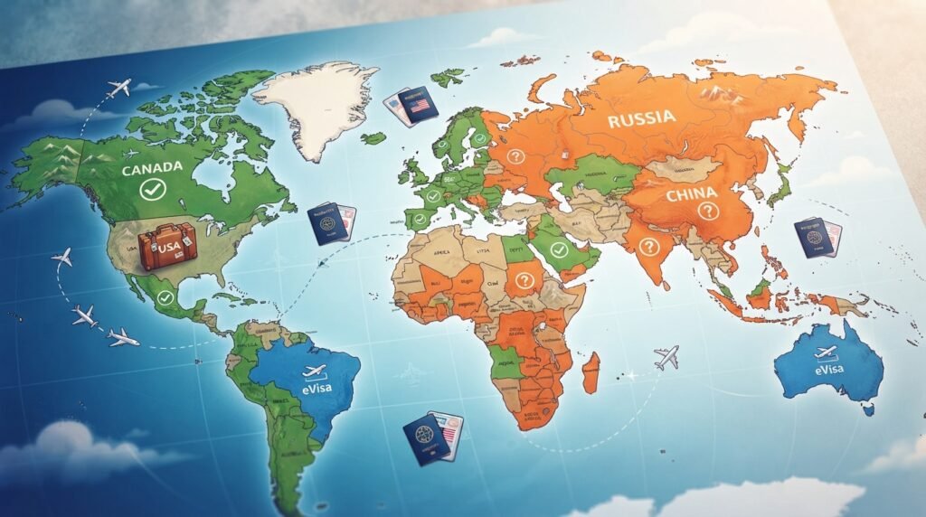 A visually striking infographic illustrating "Visa Requirements by Destination for U.S. Citizens." In the foreground, a colorful world map outlines various countries, with highlighted regions indicating visa requirements using symbols like a check mark for visa-free travel and a question mark for required visas. The middle layer features icons representing different modes of travel, such as airplanes, passports, and suitcases, artistically integrated into the map design. The background is a soft gradient transitioning from blue to white, evoking a sense of global travel and exploration. Soft focused light highlights the map details, creating an inviting atmosphere. The overall mood is informative and adventurous, capturing the essence of travel planning without any text or overlays.