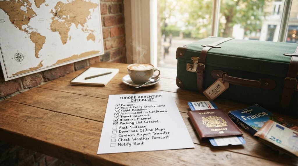 A well-organized pre-trip checklist prominently displayed on a stylish wooden table, featuring travel essentials such as a passport, airplane tickets, a travel guidebook, and a packed suitcase. In the foreground, the checklist is neatly formatted, with bullet points highlighting items like travel insurance, accommodation confirmations, and health documents. The middle ground showcases a world map and a coffee cup, suggesting a travel planning atmosphere. In the background, soft natural light filters through a window, creating a warm, inviting glow. The image conveys a sense of excitement and preparation for adventure, emphasizing professionalism and clarity in pre-trip planning. No people are present, allowing the items to stand out prominently.